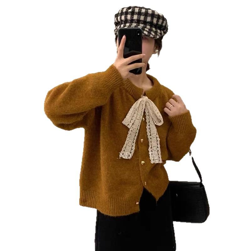 Korean Style Lace-Up Round Neck Sweater Coat - Women's Autumn/Winter Loose-Fit Knitted Cardigan