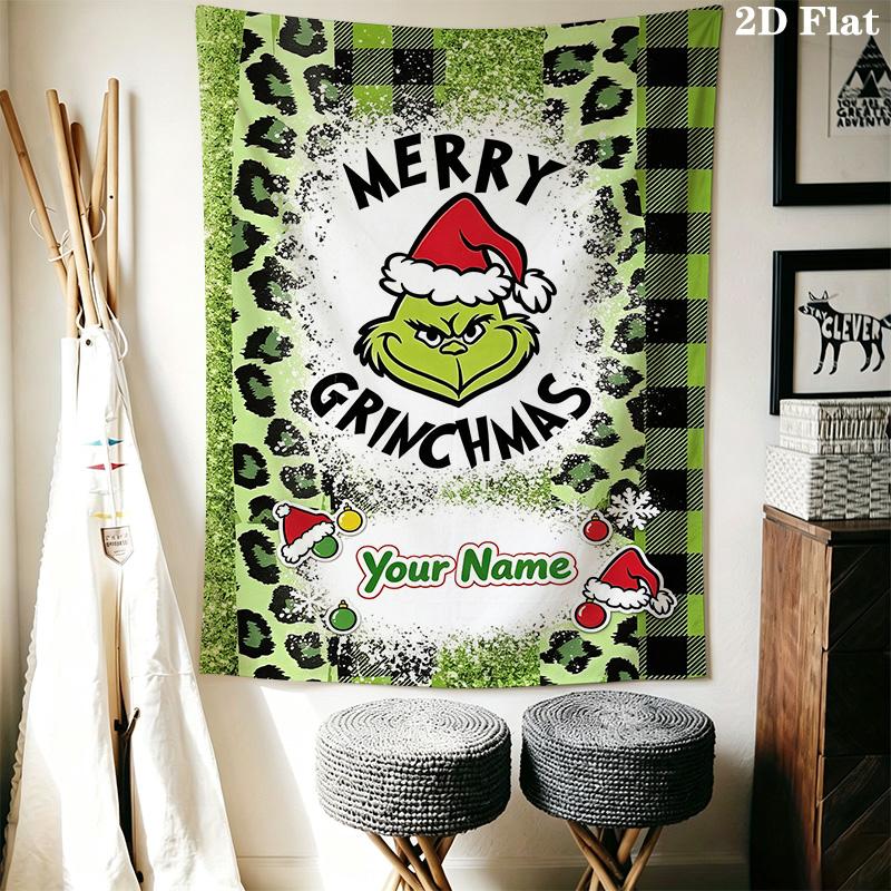 Name Custom Christmas Green Monster Wall Tapestry Aesthetic Wall Hanging Printed Fabric Blanket Decorative Tapestries for Bedroom Living Room Home Dec