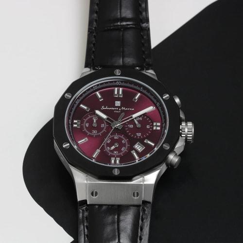 Salvatore Mara Watch Men's Chronograph 10 ATM Water Resistant Leather Strap Business 20th Anniversary Limited Model Silver Purple Black SM18117-SSPL