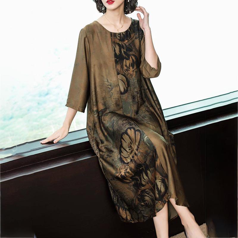 Женское летнее платье L-XXXXXL в китайском стиле для среднего возраста с рукавом 3/4 и круглым вырезом с принтом длиной до икры Повседневная одежда Домашняя одежда