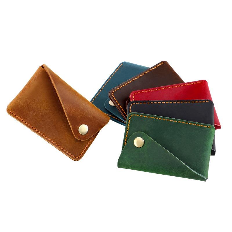 Retro Handcrafted Crazy Horse Leather Envelope Card Holder, Vintage Genuine Leather Slim Card Wallet with Snap Button for Men