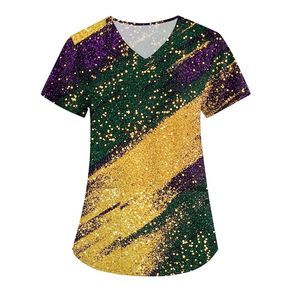 Женская карнавальная принтовая свободная униформа с V-образным вырезом и карманом с коротким рукавом