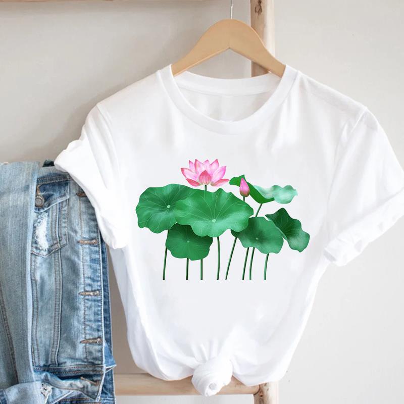 (Asian Size) Short Sleeve T Shirt Watercolor Flower Style 90s Fashion Women Casual Tee Top Clothing Print Ladies Female Graphic T-shirts