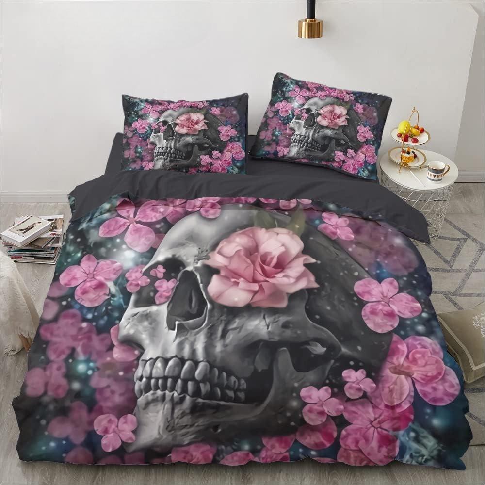 3D Printed Gothic Skull Rose Microfiber Duvet Cover Soft and Comfortable 3-piece Bedding Set with Zipper and 2 Pillowcases