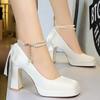 Туфли Дизайн Жемчужная цепочка Женские туфли-лодочки Бант Шелк Сатин Платформа Высокие каблуки Квадратный носок Обувь на толстом каблуке Женские каблуки