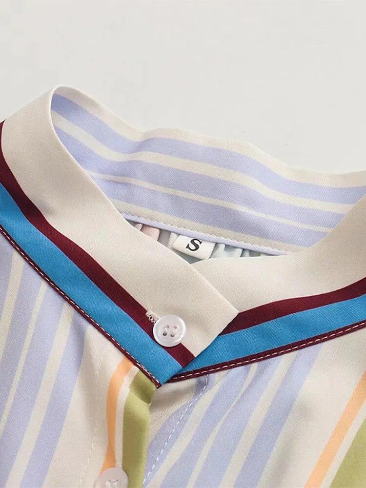 Полосатая рубашка с рукавами-фонариками, женская праздничная мода, однобортный топ, свободные рубашки, женская летняя пляжная футболка с карманами, новинка 2023 г.