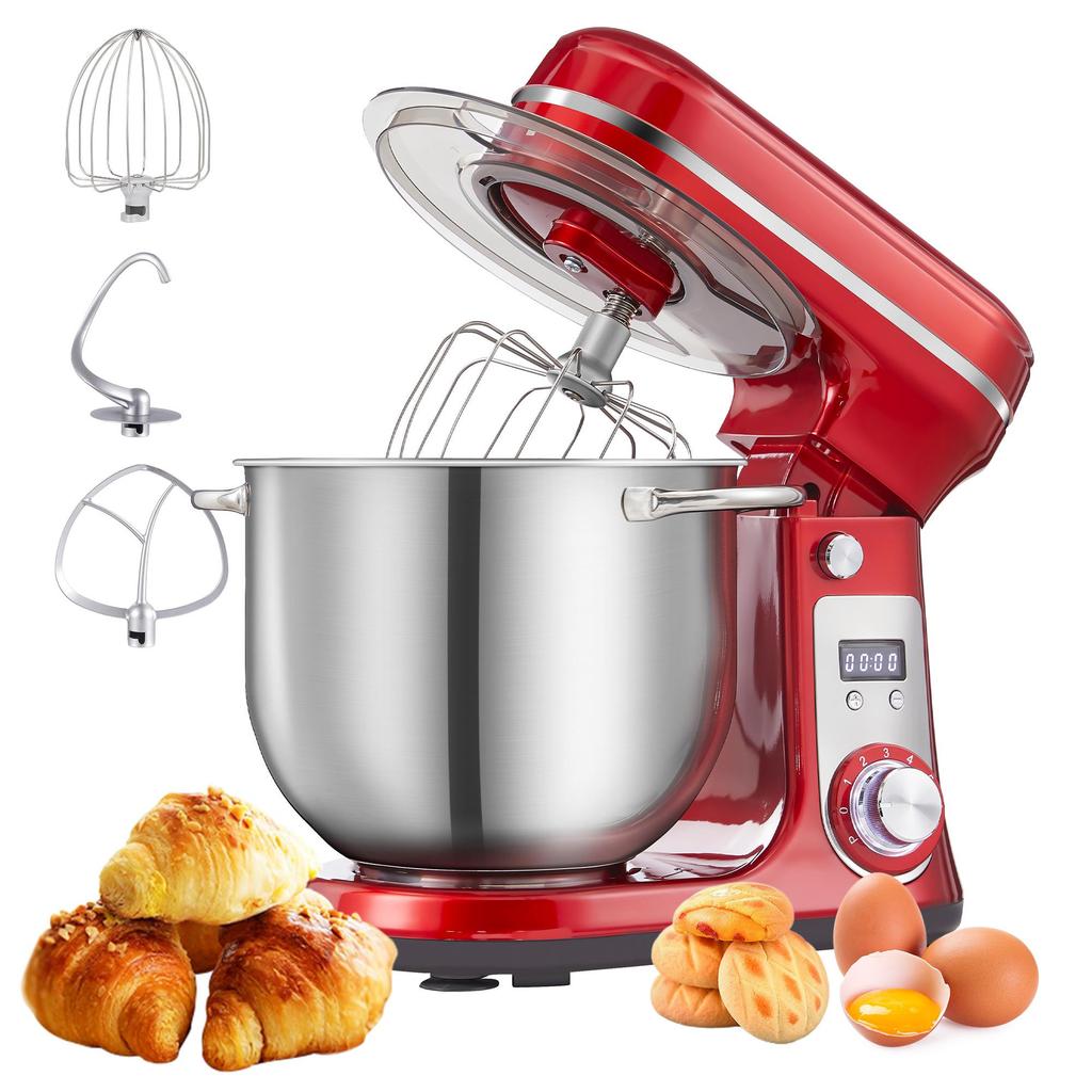 Biolomix Stand Mixer, 1200W DC Quiet Motor 6L Stainless Steel Bowl, 6+Pulse Speeds Electric Kitchen Mixer with LCD Timer, Dough Hook, Beater, Whisk