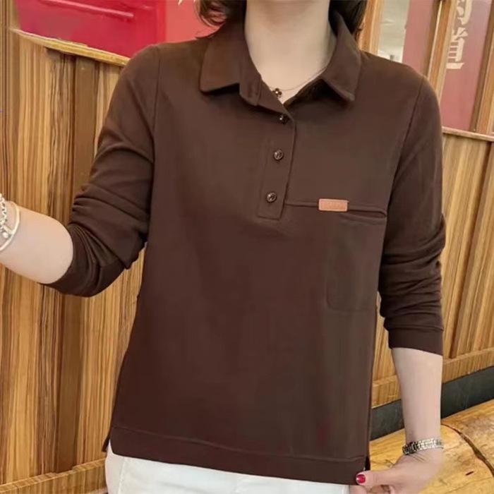 Женская толстовка с лацканами: Свободный, прикрывающий живот топ с длинными рукавами для мам среднего возраста, идеально подходит для повседневной носки весной и осенью.