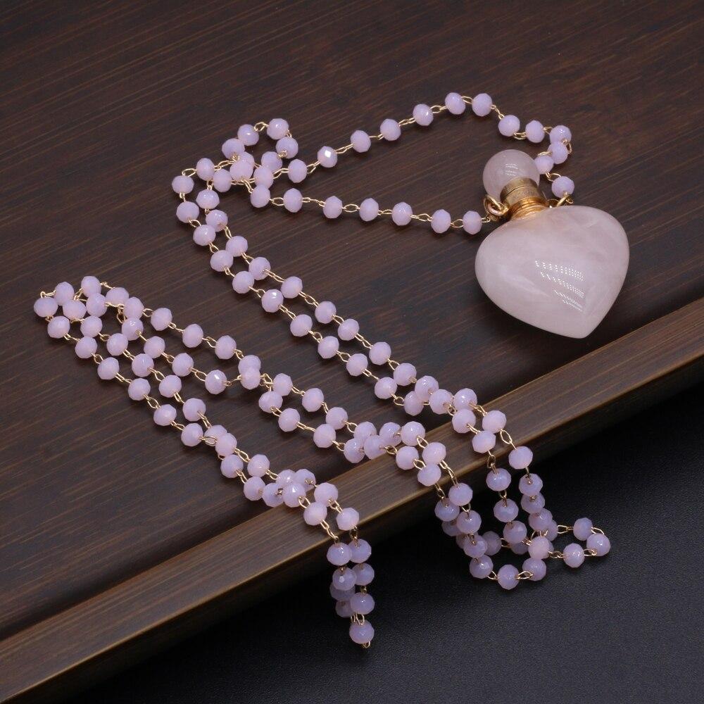 Модное ожерелье в форме сердца, натуральный камень, розовый кварц, флакон духов, кулон, ожерелье для вечеринки, свадьбы, очаровательные ювелирные изделия, подарок