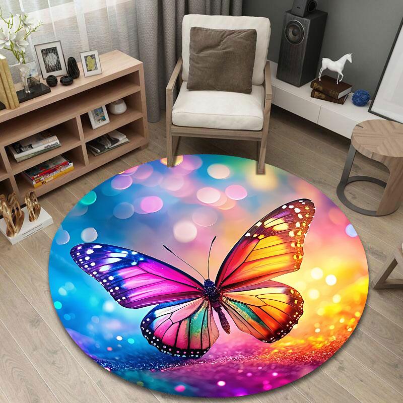 Modern Round Butterfly Multicolor Accent Rug, Non-Slip Floor Mat for Living Room