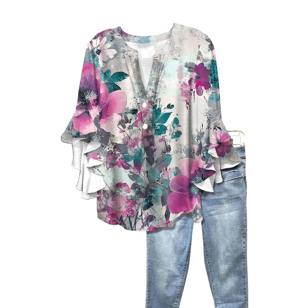 Summer Women's Tops V Neck Three Quarter Sleeve Shirt Vintage Floral Print Tops Casual Shirts