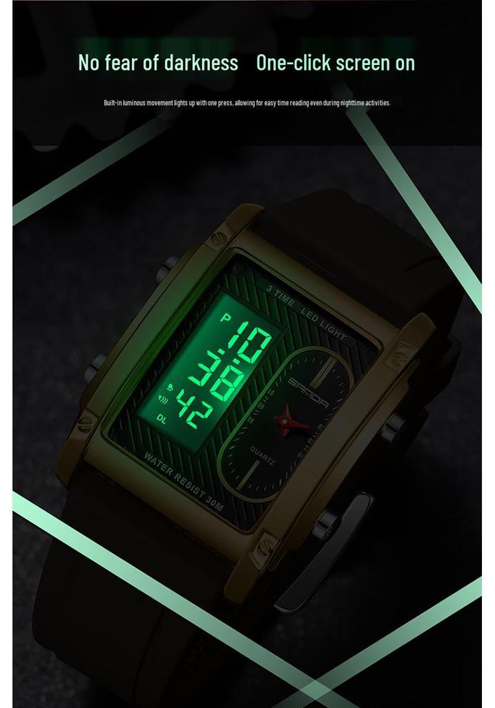 Мужские водонепроницаемые часы Sanda с двойным циферблатом, светящиеся, с будильником, деловые, модные, квадратный дизайн