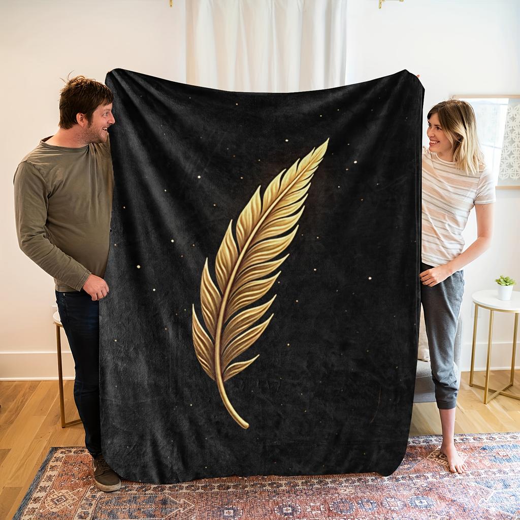 1pc Black Feather Print Flannel Blanket - Soft, High-Definition Digital Print, 100% Polyester, All-Season Comfort, Perfect Gift