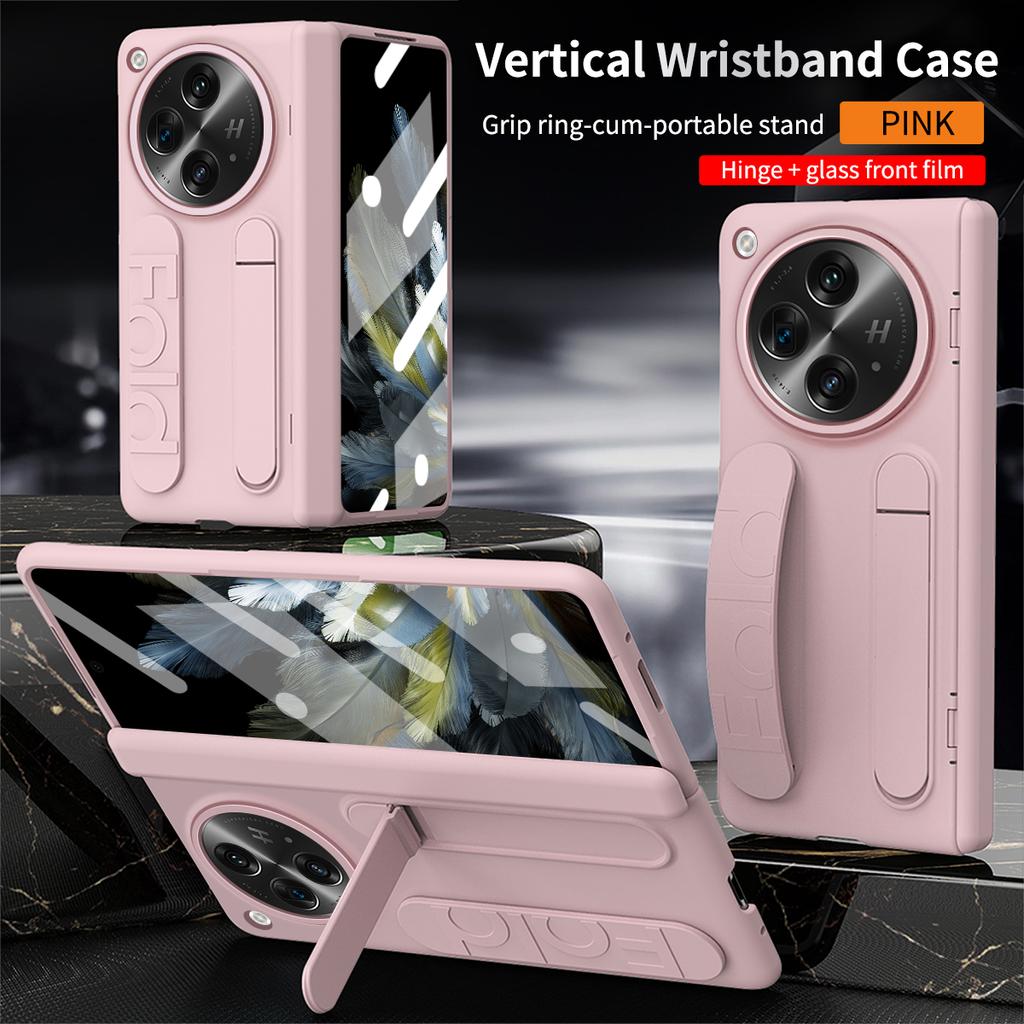 Luxury Business Fold Silicone Case for OPPO Find N3 Skin Feel with Wrist Strap and Stand and Glass Front Film Anti Drop Shockproof Protect Cover