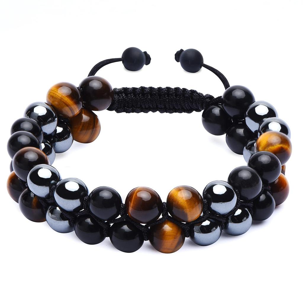 Woven natural stone double-layer bracelet, hand-woven adjustable bracelet, men's yellow tiger eye double-row bracelet.