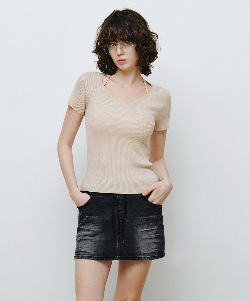 MONGDOL Ribbed Cap Sleeve Halter Strap Knit Mdkt125_5 Colors