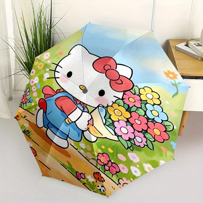 Hello Kitty,Flower Garden Automatic Folding Umbrella-Simple 8-Rib Design, Bright Cartoon Pattern, Durable Iron Frame, Suitable For Travel, O