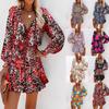 2023 Spring/Summer V-neck Long Sleeve Waist-Gathering Fashion Print Dress