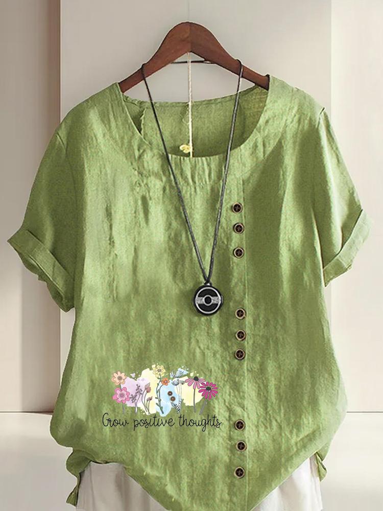 Women's Fashion Flower Black Letter Print Round Neck Short Sleeve T-shirt Casual Cotton Linen Graphic Shirt Leisure Loose Summer Blouse Tops
