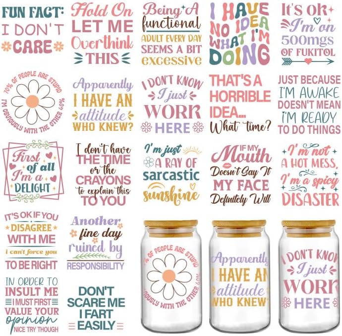 AFRITEE Transfer UV DTF Decals - 20 Sheets Funny Uvdtf Tumbler Wraps for 16 oz Glass Mugs Cups, Sarcastic Tumblers Decal Stickers for DIY Laptop Phone