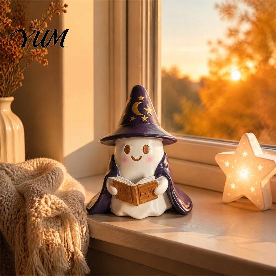 Whimsical Ghost Sculpture Lighted Figurine, Resin Wizard Statue with LED Light, Cute Indoor Halloween Accessories Reading Book Night Light for