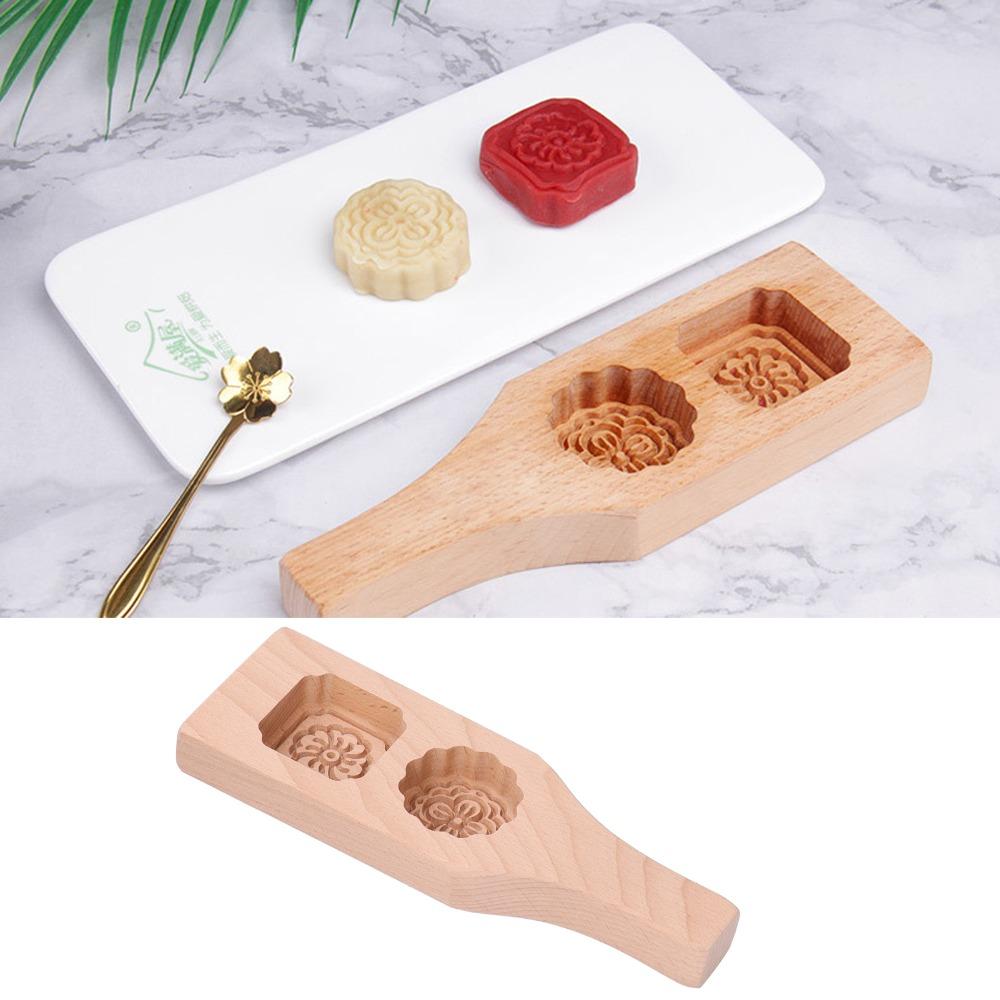 Traditional Wood Mooncake Mold Two Hole Flower Pattern Chinese Cookie Stamp Long Handle Carved Pastry Baking Mold Cake Mung Bean