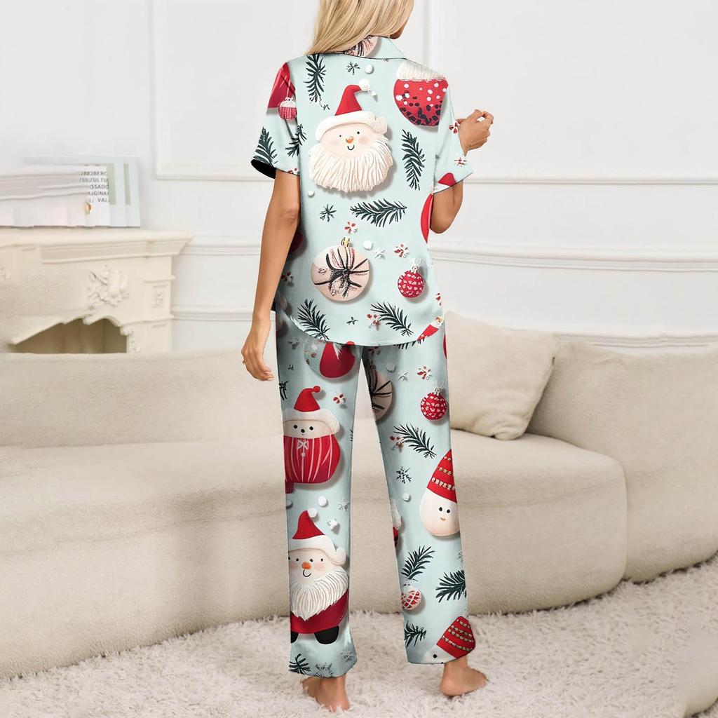 Женский рождественский пижамный комплект с принтом, женские короткие рукава, длинные брюки, комплект из двух предметов, застегивающийся на пуговицы, домашняя одежда