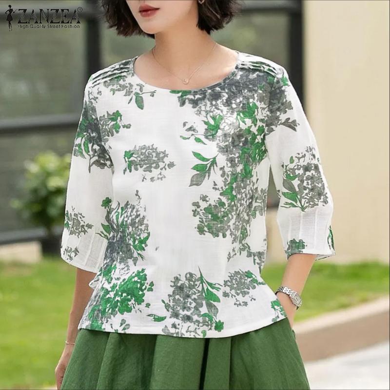 ZANZEA Women Casual Round Neck Summer 3/4 Sleeve Loose Print Blouse