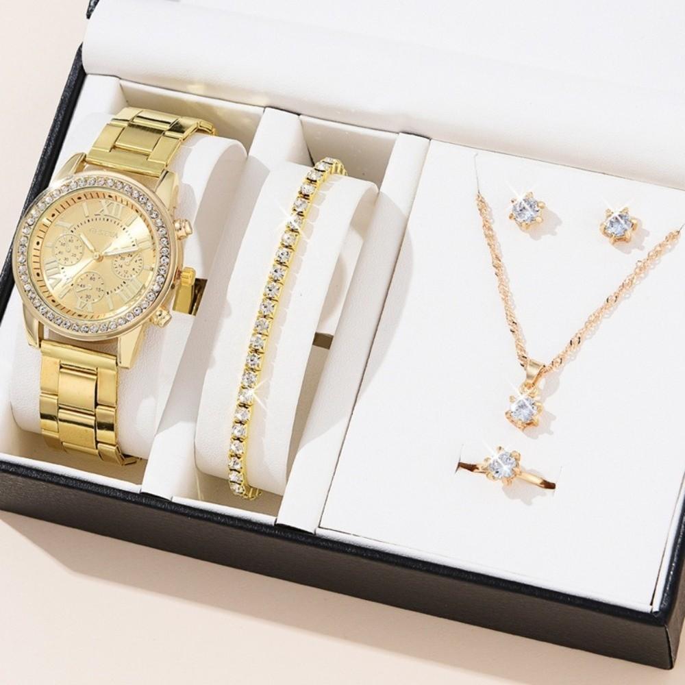 6pcs Bracelet Rhinestone Watch Jewelry Gift Set Roman Dial Ladies Quartz Watch Wedding