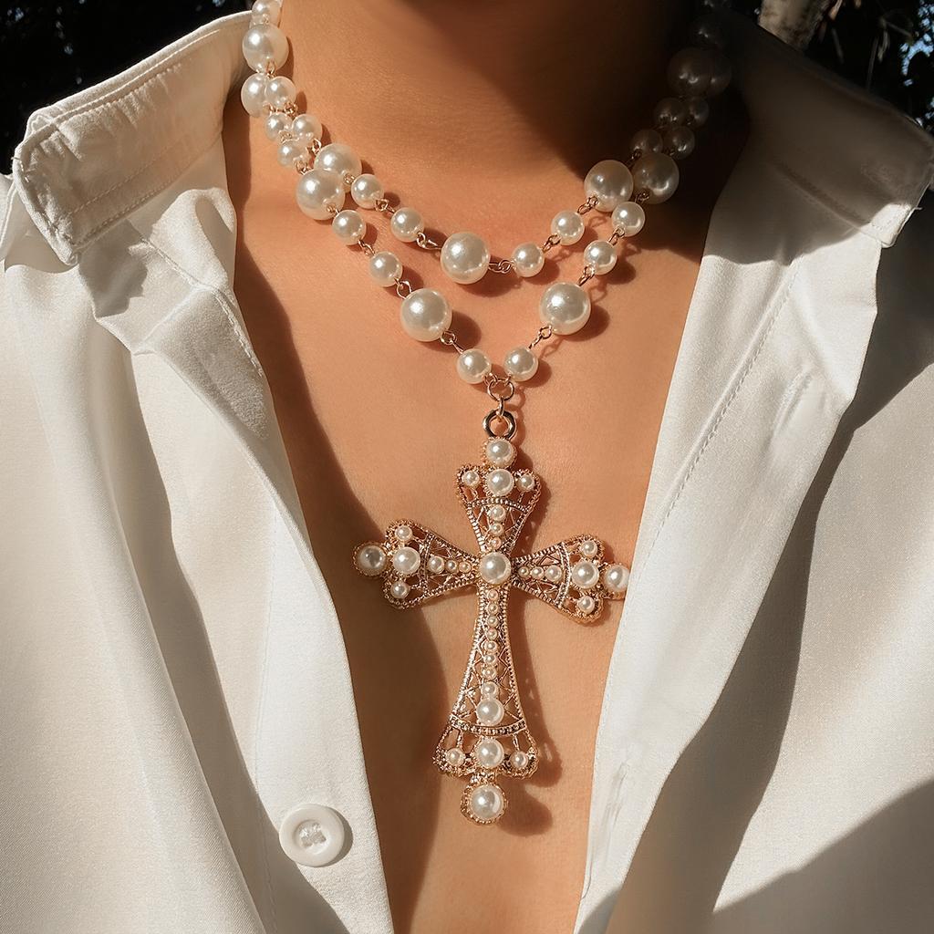 Ingemark Luxury Vintage Rhinestone Chain Imitation Pearl Chain Necklace for Women Punk Cross Pendant Choker Christian Jewelry