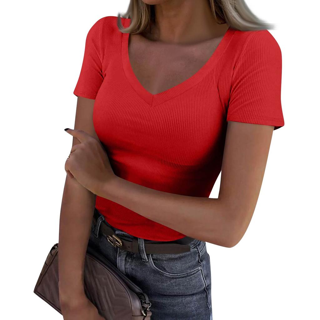 Ladies Slim Bottom T-shirt Fashion Casual Solid Colour V-Neck Pullover Short Sleeve Top