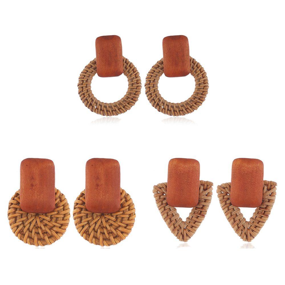 Handmade Korea Bamboo Wooden Straw Weave Rattan Knit Vine Circle Triangle Drop Earrings for Women Girl Beach Jewelry Earrings