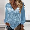Осень-весна женский топ с блестящими пайетками и v-образным вырезом с длинными рукавами в стиле пэчворк, свободный пуловер, мягкий дышащий средней длины, женская рубашка, блузка