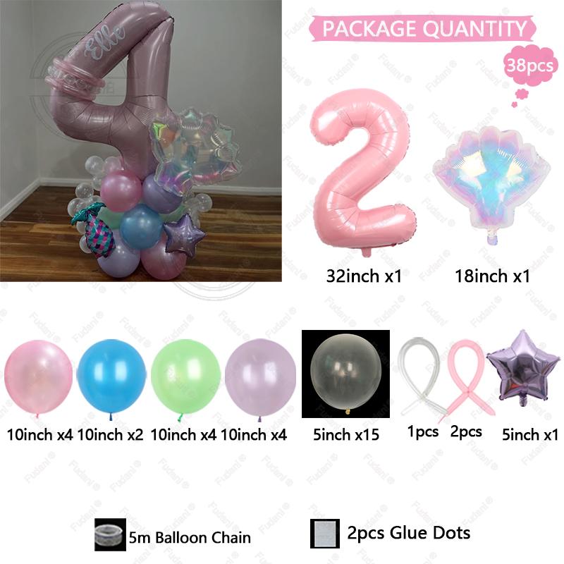 38PCS/SET Mermaid Shell Balloon Set With Aluminum Film Pink Digital 1-9 Birthday Party Family Decoration Shell Balloons
