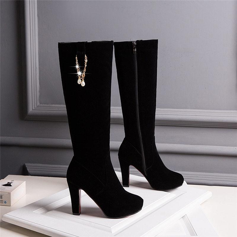 Женские сапоги на высоком каблуке, сексуальные, в европейском и американском стиле, осень-зима, новые, однотонные, водонепроницаемые, на толстом каблуке, большие размеры, средние сапоги