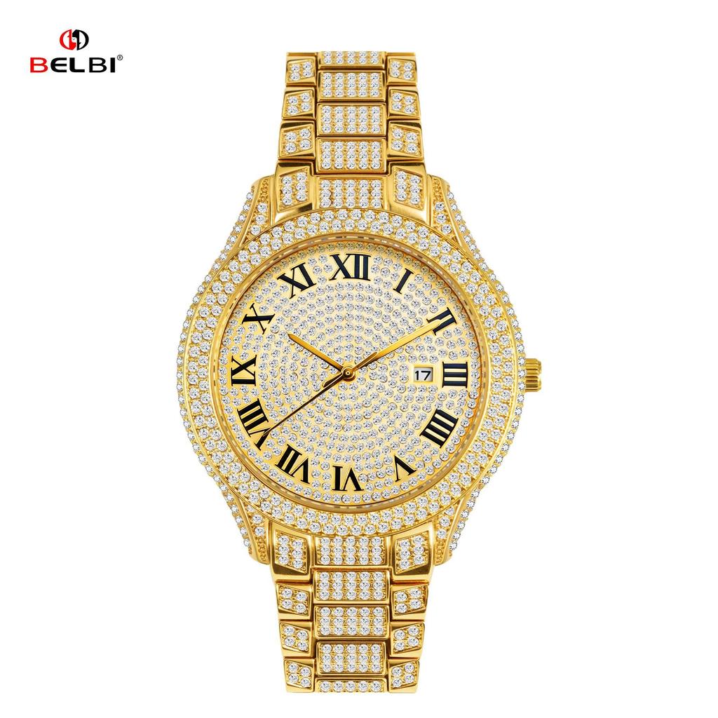 Men Iced Out Full Diamond Quartz Watch Luxury Roman Numeral Dial Zinc Alloy Band Date Display Hip Hop Bling Wristwatch
