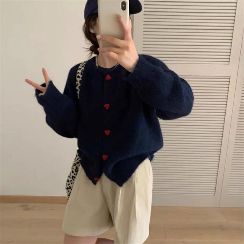 Womens Cute Heart Button Knit Cardigan Loose Fit Round Neck Sweater Fall Winter
