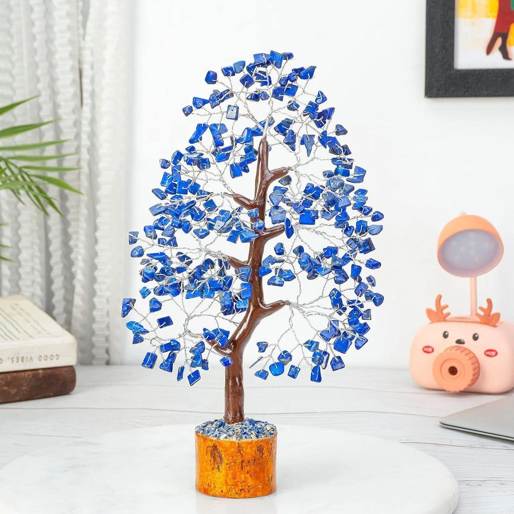 Tree Good Luck Showpiece for Home Decor Items Crystals Gemstones Bonsai Money Tree for Good Luck, Gift Item - 10-12 Inch (Lapis Lazuli Silver Wire)