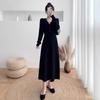 Elegant V-Neck Knit Midi Dress Women Winter High Waist Slim Fit Solid Color Long Sleeve
