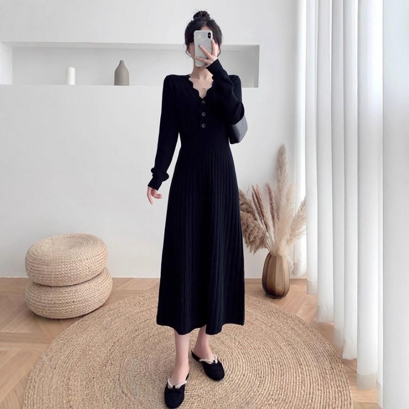 Elegant V-Neck Knit Midi Dress Women Winter High Waist Slim Fit Solid Color Long Sleeve