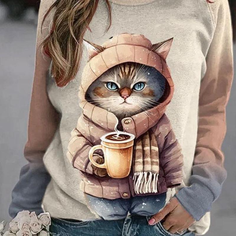 Cartoon Kawaii Long Sleeve T-Shirts Women Funny Cute Cat Animals Print Tops Female Korean Fashion Chic O-Neck Pullover 2024 New