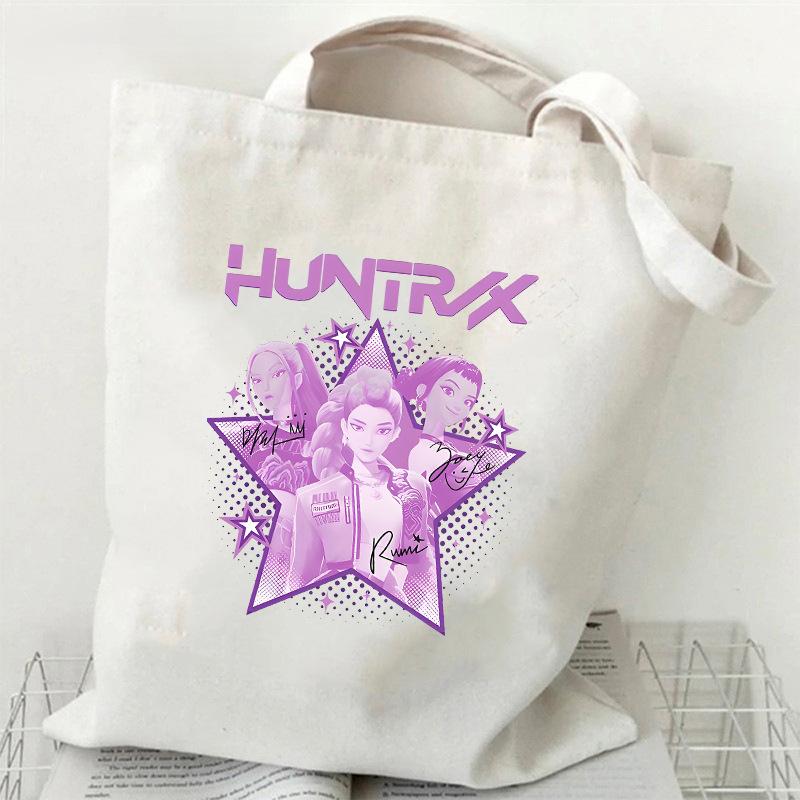 Сумка-тоут из холста с принтом KPOP Demon Hunter Girl Group HUNTRX, на плечо, студенческая