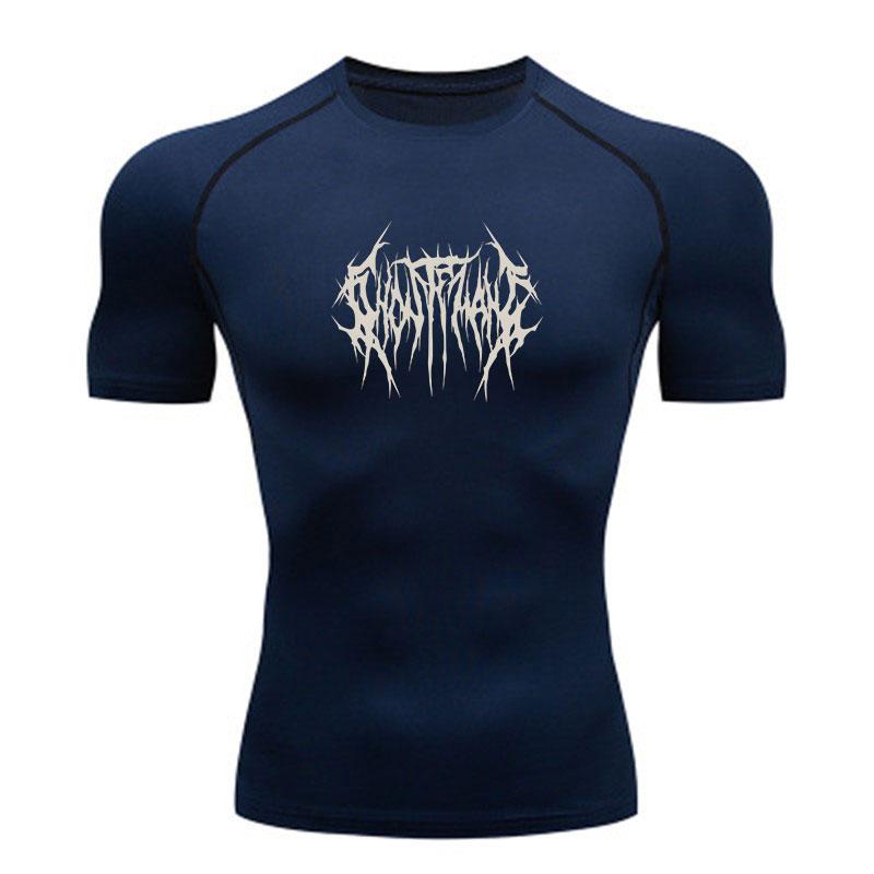 Men's Compression Athletic T-Shirt, Spiky Brutal Metal Text Print Quick Dry Breathable Workout Top for Gym Running Training Active Wear