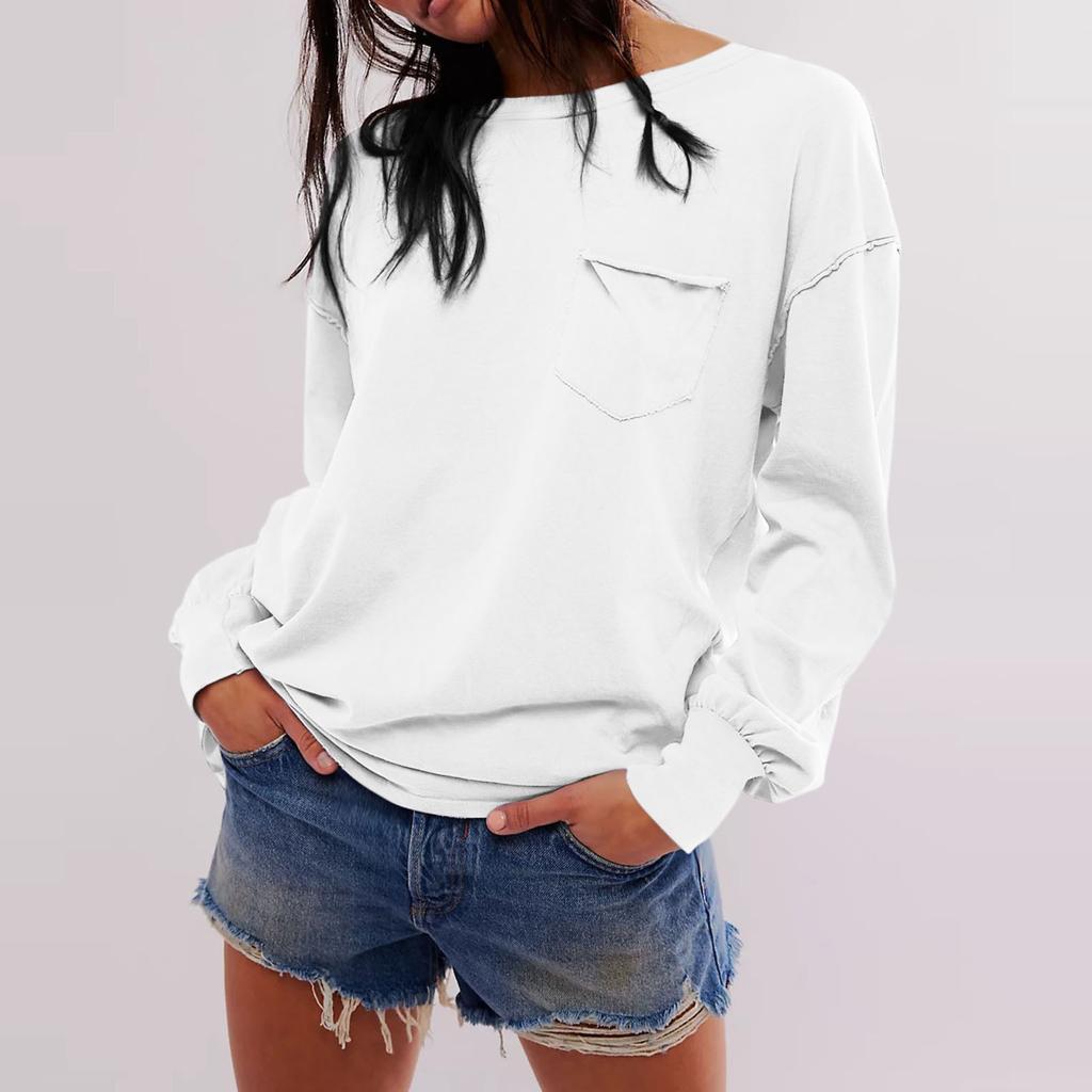 Женская модная однотонная свободная футболка с круглым вырезом и длинными рукавами и карманами
