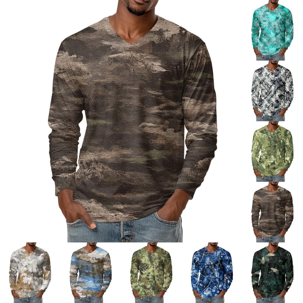 Мужская футболка с V-образным вырезом, повседневная, модная, с принтом, с длинным рукавом