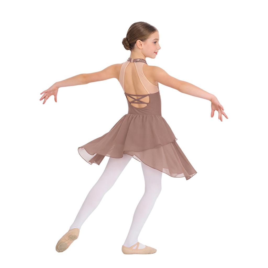 Девочки Блестящее Платье Пэчворк из Страз Без Рукавов Стойка Сетчатое Прозрачное С Открытой Спинкой Неровный Подол Лирический Костюм для Танцев