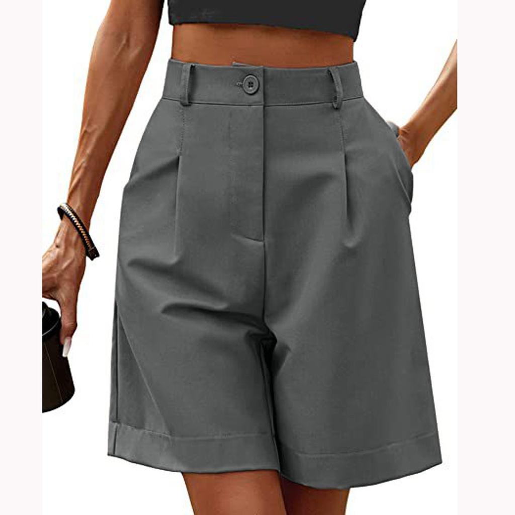 Женские повседневные свободные пляжные брюки, однотонные свободные повседневные пятые брюки с высокой талией и карманами