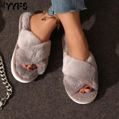 Зимние плюшевые домашние тапочки с перекрестной шнуровкой, удобные и теплые, с мягкой подошвой, пушистые, нескользящие домашние тапочки