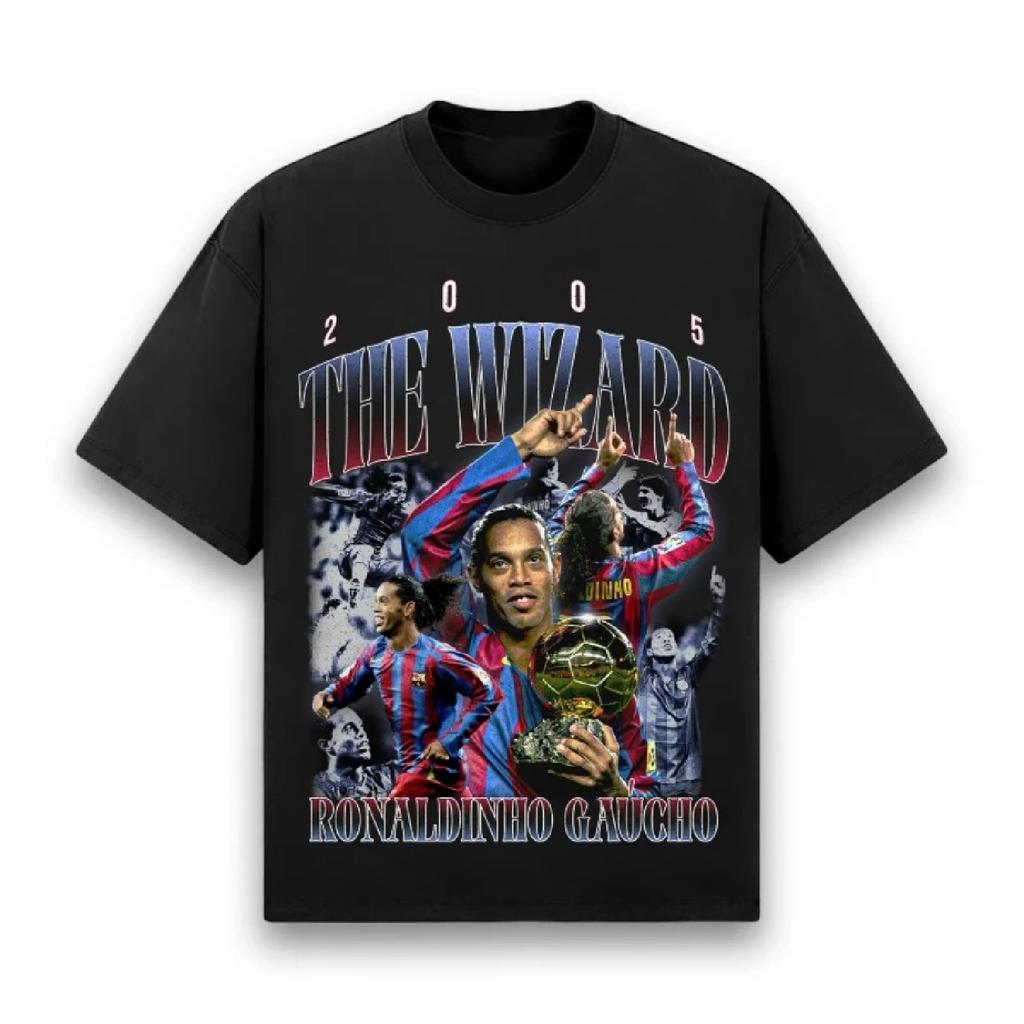 Классические мужские футболки с принтом футбольной звезды RONALDINHO BARCA TEE Летняя одежда Оверсайз Y2K С коротким рукавом Повседневный хлопковый мужской топ
