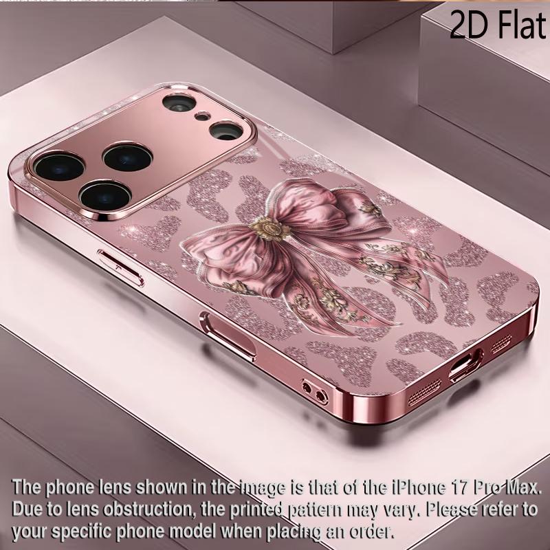 Розовый Бант Леопард 2D Плоский Для iPhone17 18 16 15 14 13 12 11 Pro Max XS XR 8 7Plus Чехол для Телефона Ударопрочный Защитный Задний Чехол